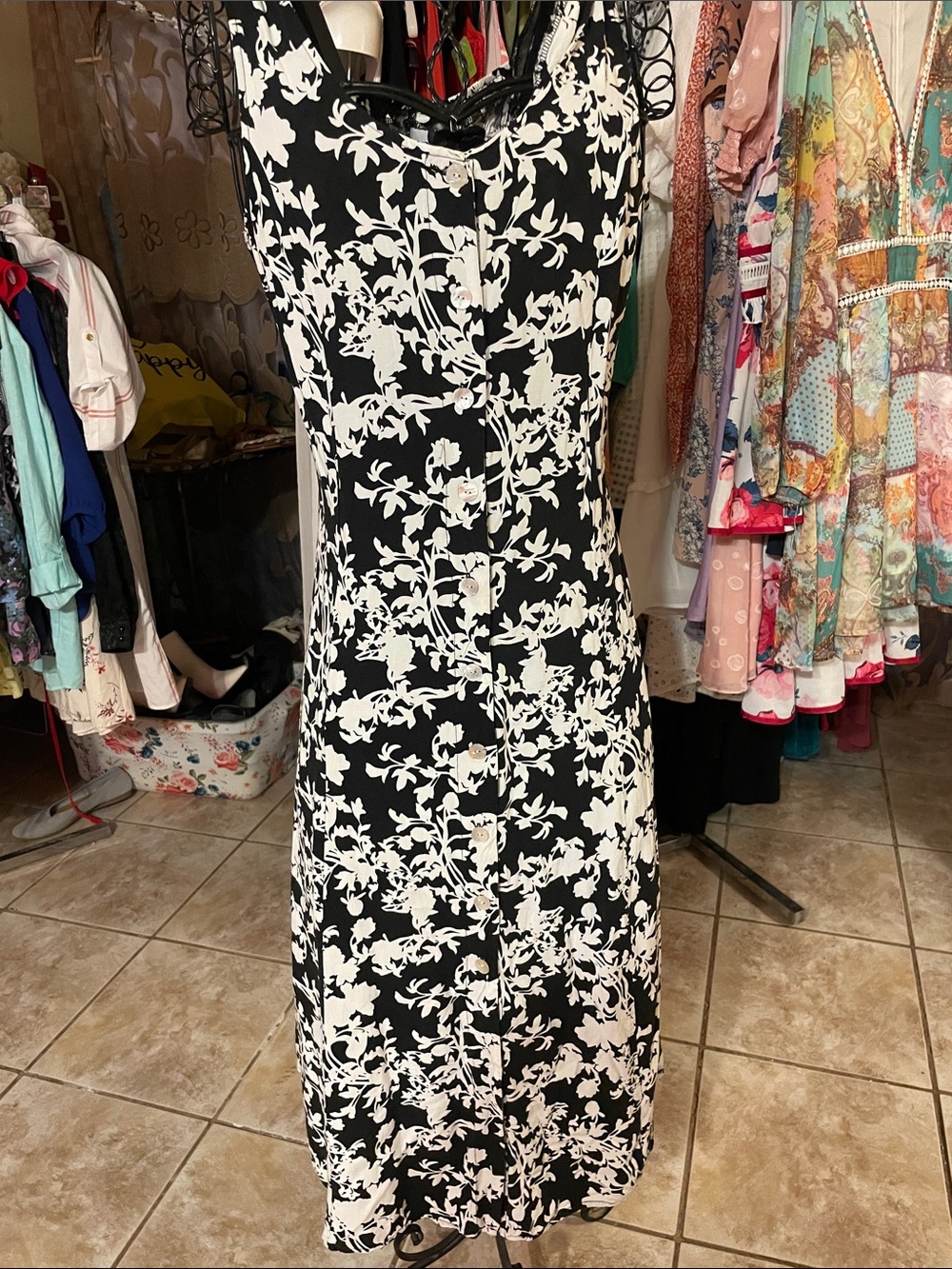 Black & White Floral Midi Dress with Button-Front